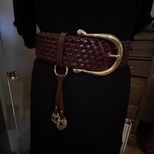 Michael Kors Brown Leather S Braided Belt with Gold Buckle & Monogram Charms
